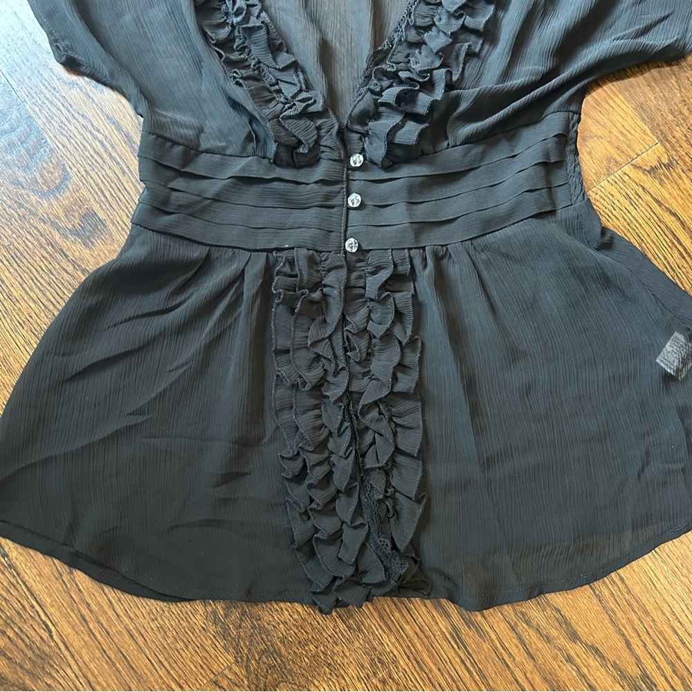 Oh Yes Y2K Black Sheer Ruffle Blouse - Size L - Picture 2 of 10